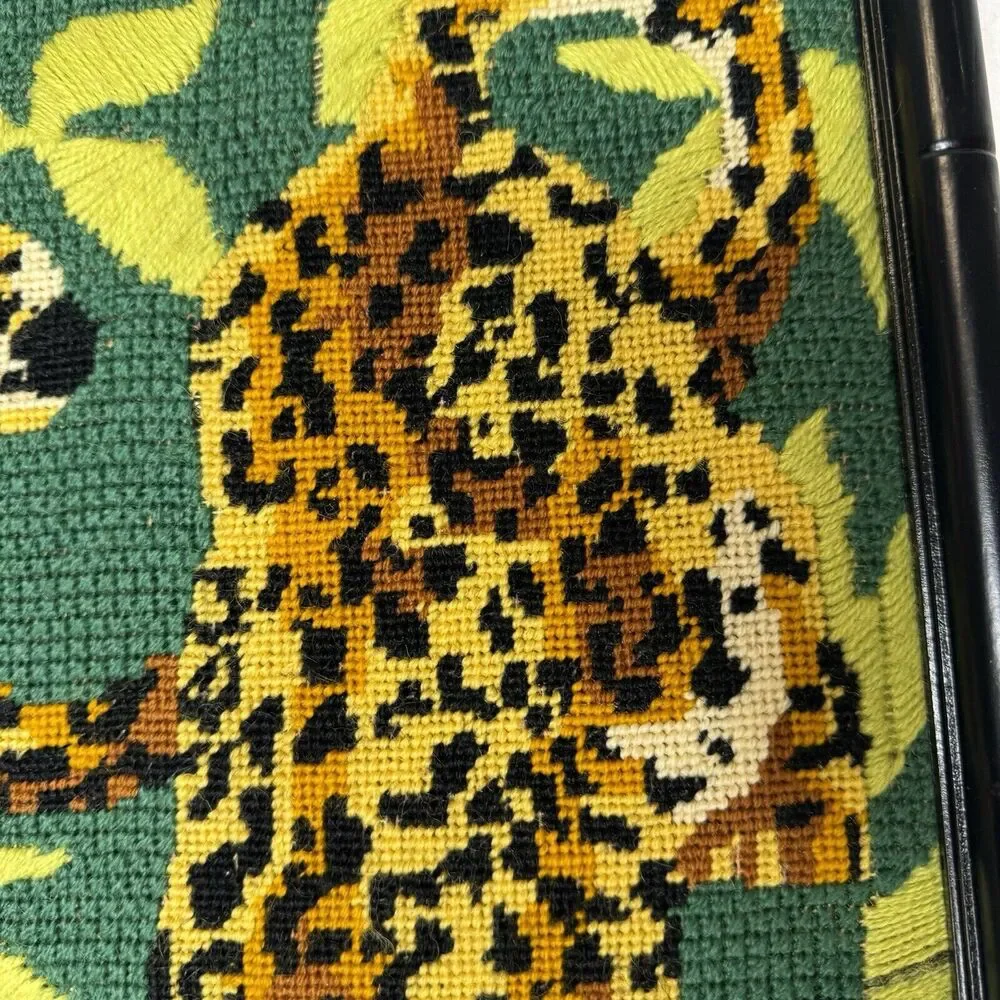 Vintage Leopard Needlepoint Black Bamboo Type Frame Green Hollywood Regency Art - Picture 6 of 16